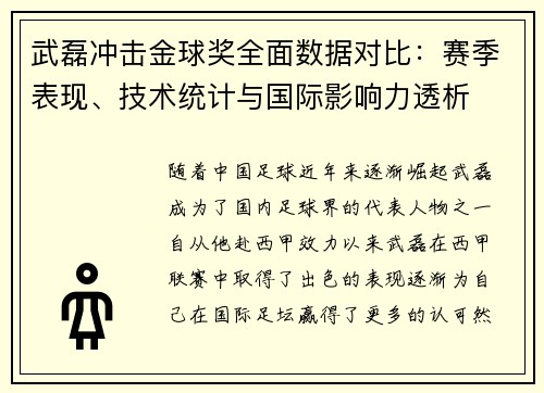 武磊冲击金球奖全面数据对比:赛季表现、技术统计与国际影响力透析 武磊冲击金球奖全面数据对比:赛季表现、技术统计与国际影响力透析