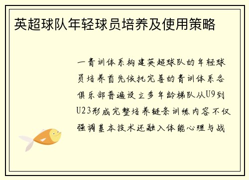 英超球队年轻球员培养及使用策略