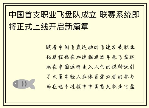 中国首支职业飞盘队成立 联赛系统即将正式上线开启新篇章